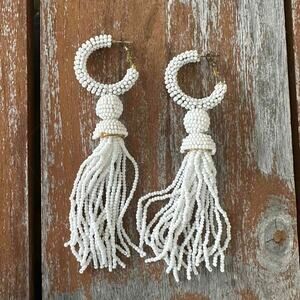 Anthropologie Beaded Tassel Dangle Earrings White Statement